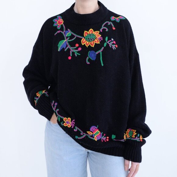 Vintage St Michael Black w Embroidered Floral Knit Mockneck Sweater L - Picture 1 of 12